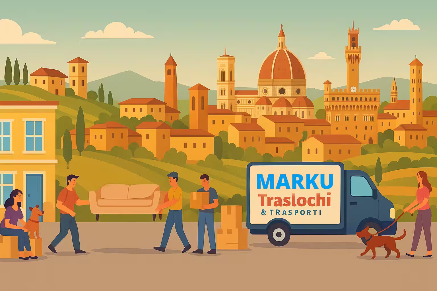 Illustration di Marku Traslochi e citta di Firenze or Florence in english
